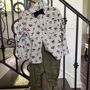 Kids' Car Print Shirt and Olive Pants Set